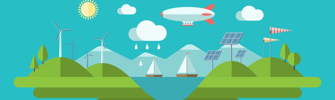 Flat design illustration with icons of ecology, green energy, pollution